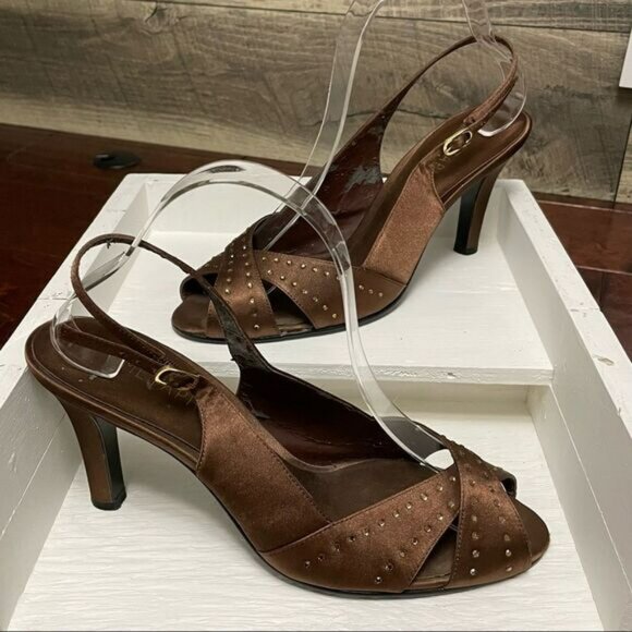 Metaphor Brown Peep Toe 3.5” Heel With Rhinestones and Buckle Ankle Strap Size 9 - Picture 1 of 15